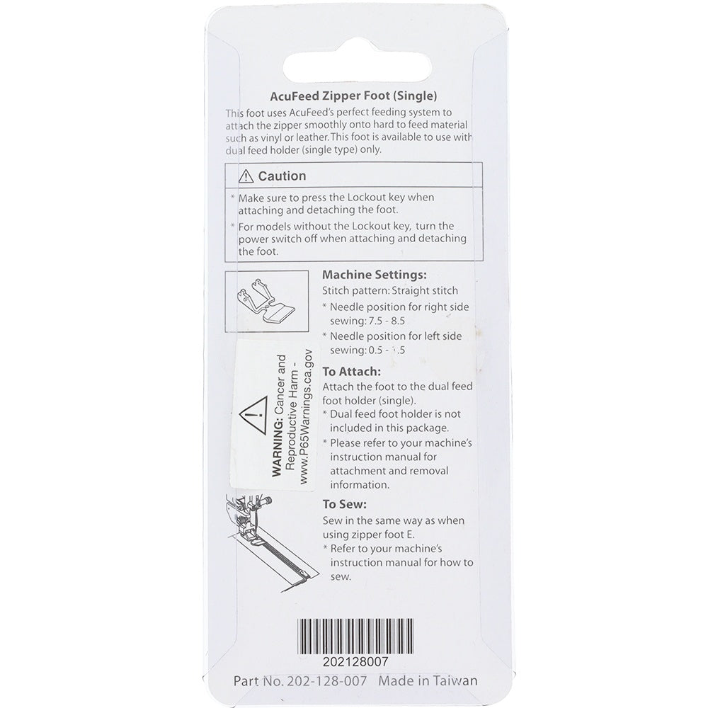 Acufeed Zipper Foot Single, Janome #202128007 - Janome