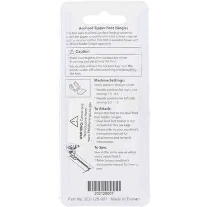 Acufeed Zipper Foot Single, Janome #202128007 - Janome